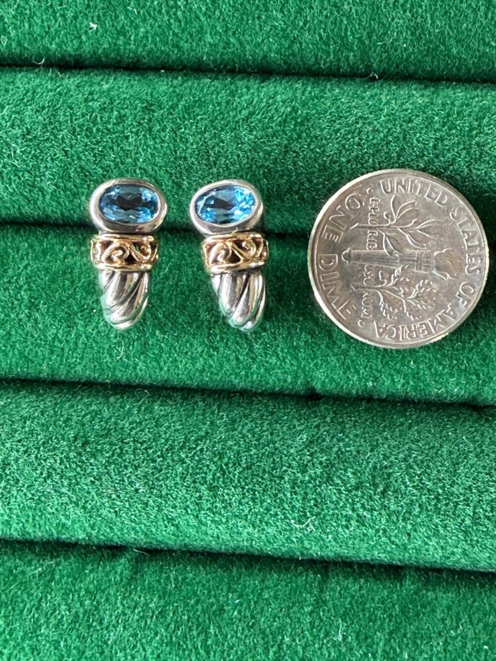 Vintage 925 Sterling Silver & 14K Gold Blue Topaz Drop Earrings - Picture 8 of 12
